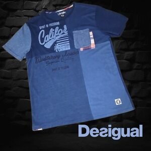 Desigual Shirt Men's Alec Graphic Short Sleeve Cotton T-shirt Blue Patchwork XL